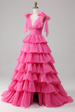 Vestido de fiesta fucsia fucsia con escote en V de línea A de princesa con abertura