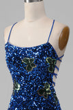 Vestido de fiesta de lentejuelas de lentejuelas de sirena azul real con abertura