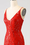 Vestido de fiesta largo de lentejuelas de sirena roja brillante con abertura