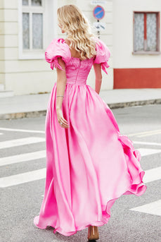 Princesa A Line Cuello Cuadrado Rosa Intenso Vestido Largo De Fiesta Con Mangas Abullonadas