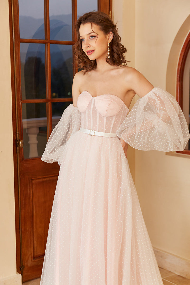 Cargar imagen en el visor de la galería, Vestido de novia de lunares rosas con mangas de hojaldre