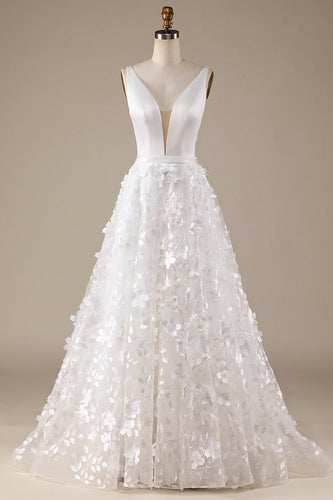 Vestido de novia marfil A-Line V-Neck con flores 3D
