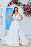 Precioso vestido de novia largo de marfil con cuello en V con flores 3D
