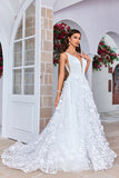 Precioso vestido de novia largo de marfil con cuello en V con flores 3D