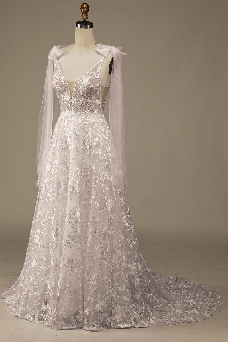 Cargar imagen en el visor de la galería, Vestido de novia Ivory V-Neck Lace A-Line con moño
