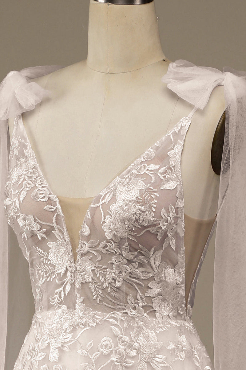 Cargar imagen en el visor de la galería, Vestido de novia Ivory V-Neck Lace A-Line con moño