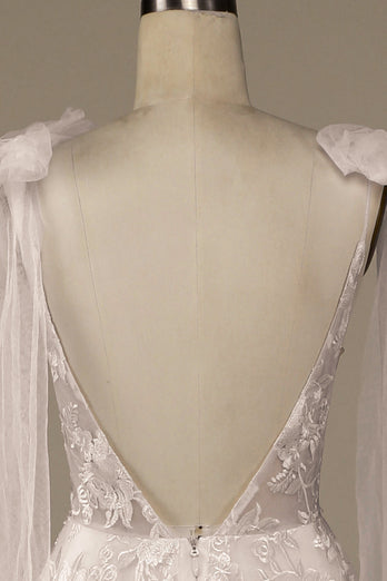 Vestido de novia Ivory V-Neck Lace A-Line con moño