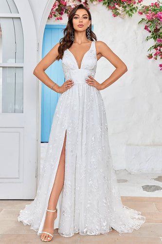 Belleza Una línea V-Neck Ivory Lace Vestido de novia largo con hendidura