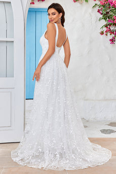 Belleza Una línea V-Neck Ivory Lace Vestido de novia largo con hendidura