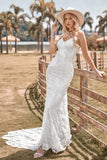 Encantadora sirena Spaghetti Straps Encaje Ivory Vestido de novia con Sweep Train
