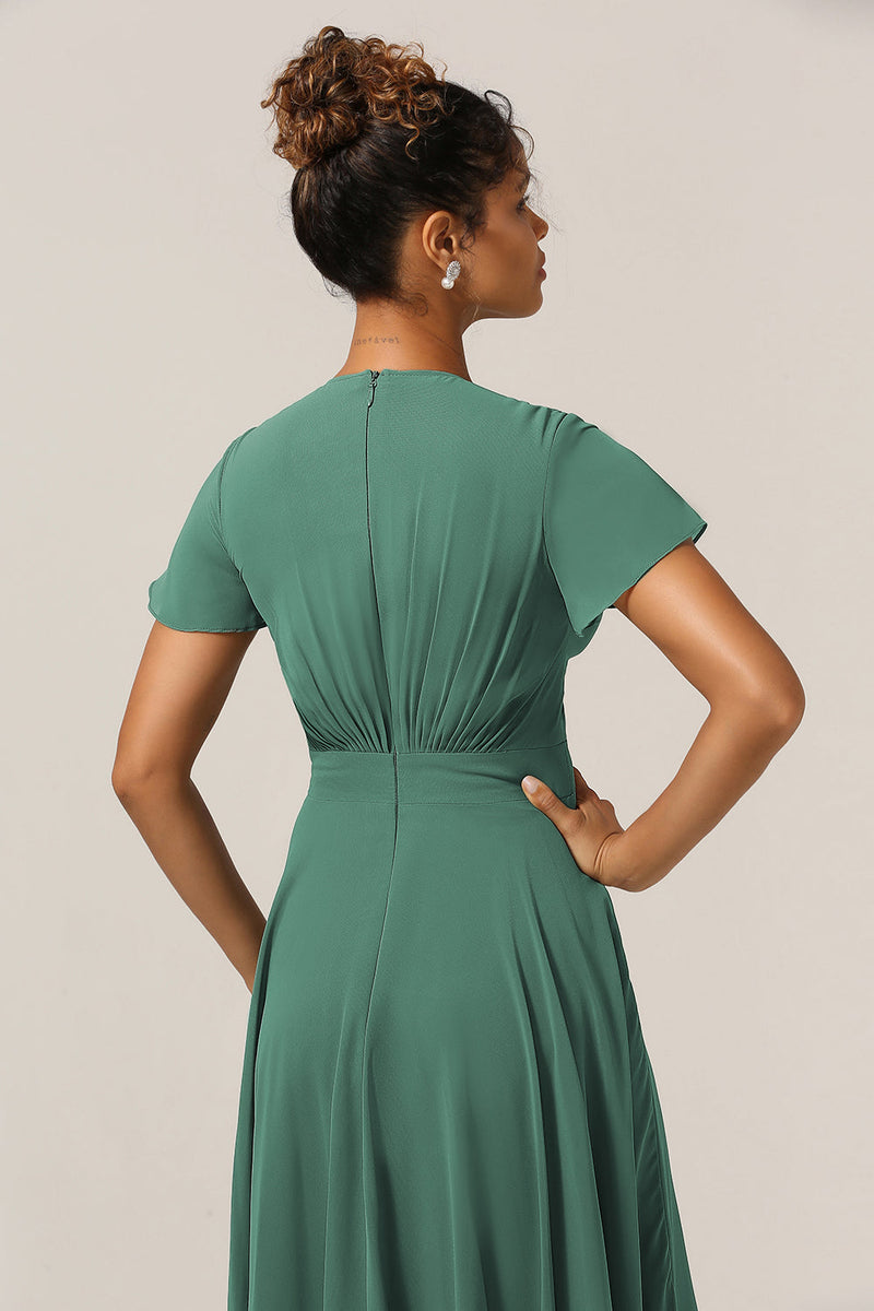 Cargar imagen en el visor de la galería, Chraming A Line V-Neck Short Sleeves Eucalyptus Bridesmaid Dress con lazo