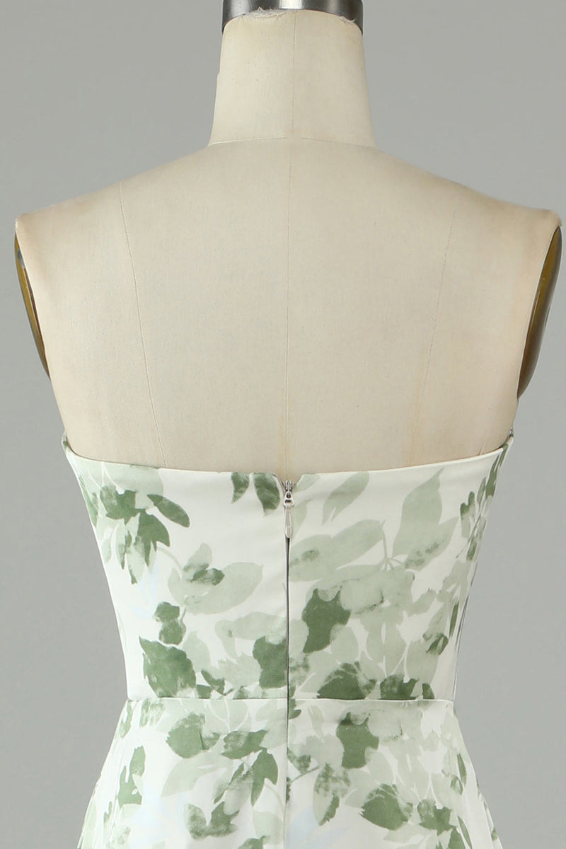 Cargar imagen en el visor de la galería, Vestido de Dama de Honor Verde Estampado Sin Tirantes Asimétrico