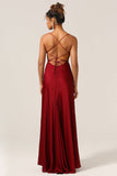 Simple A Line Lace-Up Back Burdeos Vestido de dama de honor largo con espalda entrecruzada