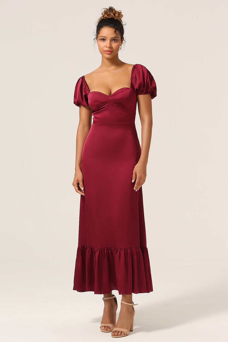 Cargar imagen en el visor de la galería, Vestido de dama de honor Sweetheart Burgundy con mangas abullonadas