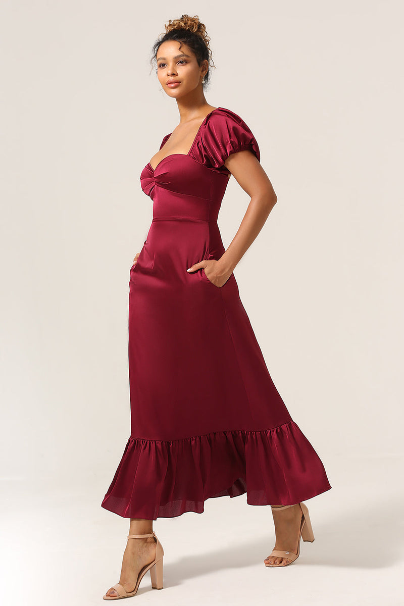 Cargar imagen en el visor de la galería, Vestido de dama de honor Sweetheart Burgundy con mangas abullonadas