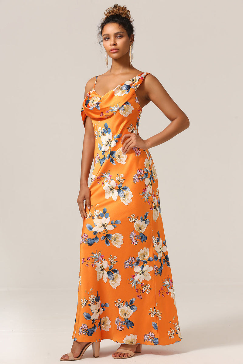 Cargar imagen en el visor de la galería, Trendy Mermaid One Shoulder Vestido de dama de honor de flores naranjas estampado