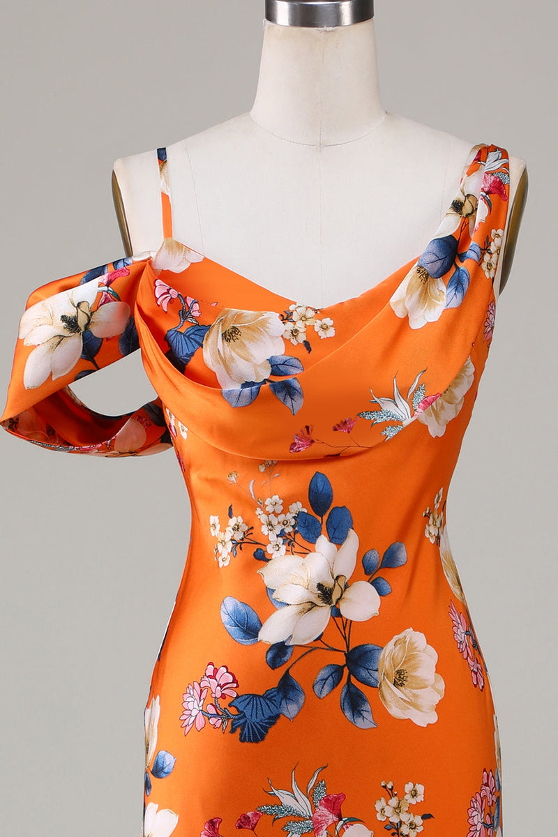 Cargar imagen en el visor de la galería, Vestido de Dama de Honor Naranja Estampado Sirena