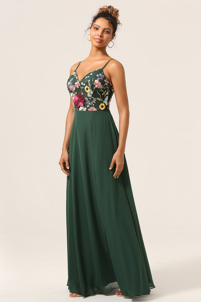 Cargar imagen en el visor de la galería, Belleza A-Line Spaghetti Straps Vestido de dama de honor largo verde oscuro con flores 3D