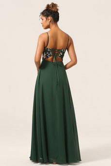 Belleza A-Line Spaghetti Straps Vestido de dama de honor largo verde oscuro con flores 3D