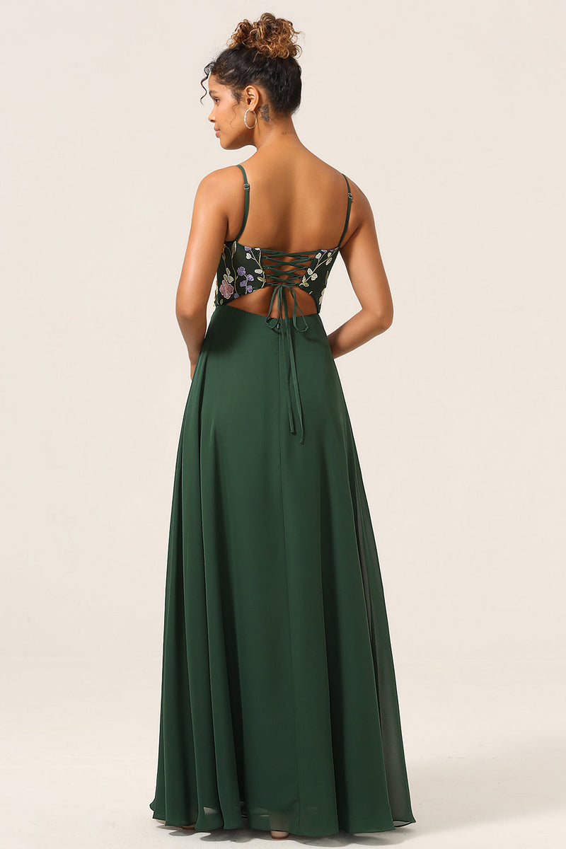 Cargar imagen en el visor de la galería, Belleza A-Line Spaghetti Straps Vestido de dama de honor largo verde oscuro con flores 3D