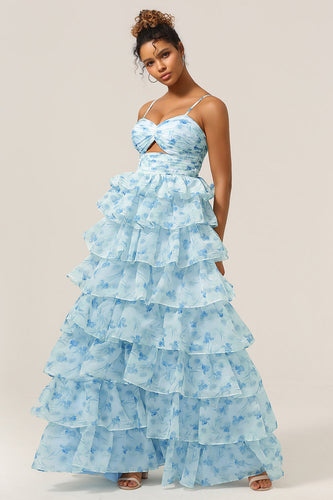 Preciosas correas de espagueti de línea Cut Out Tier Blue Bridesmaid Dress