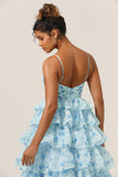 Preciosas correas de espagueti de línea Cut Out Tier Blue Bridesmaid Dress