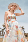Charming A Line Sweetheart Ivory Floral Sweep Train Bridal Dress con mangas