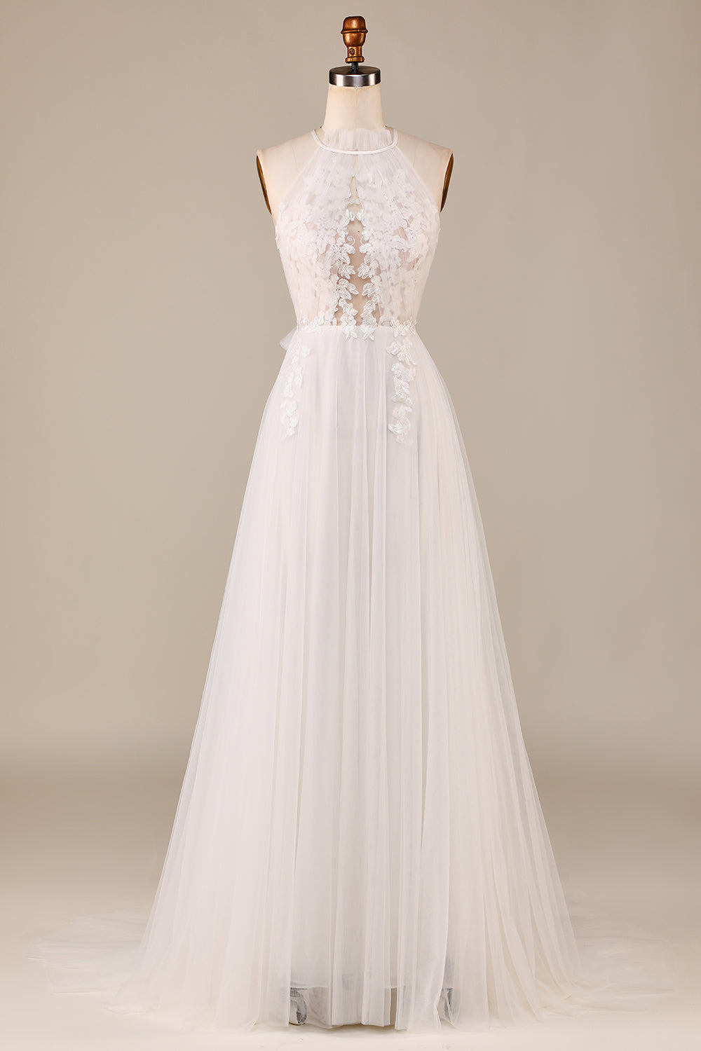 Encantador A Line Halter Neck Ivory Open Back Tulle Sweep Train Vestido de novia con encaje