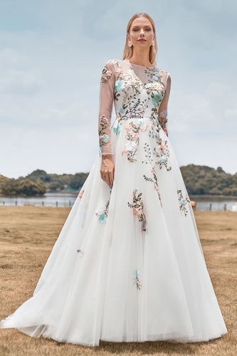Precioso vestido de novia de marfil largo de manga larga de tul de tul con bordado