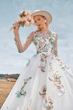 Precioso vestido de novia de marfil largo de manga larga de tul de tul con bordado