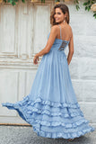 Encantador Vestido de dama de honor largo azul polvoriento con tirantes finos y espalda cruzada