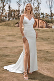 Ivory Boho satén simple sirena vestido de novia con hendidura