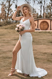 Ivory Boho satén simple sirena vestido de novia con hendidura