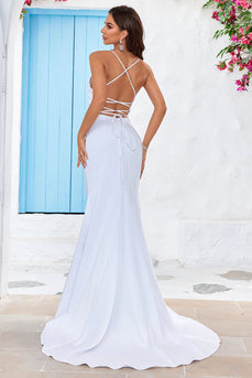 Sirena con cordones en la espalda Vestido de novia blanco Sweep Train