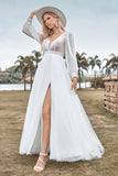 A-Line Tul Vestido de novia de marfil con cuentas con mangas largas