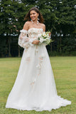 Vestido de novia de manga larga desmontable marfil con flores 3D