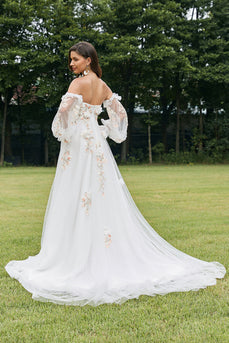 Vestido de novia de manga larga desmontable marfil con flores 3D
