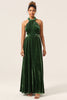 Cargar imagen en el visor de la galería, Elegante A Line V Cuello Verde oscuro Covertible Desgaste Terciopelo Vestido de dama de honor largo