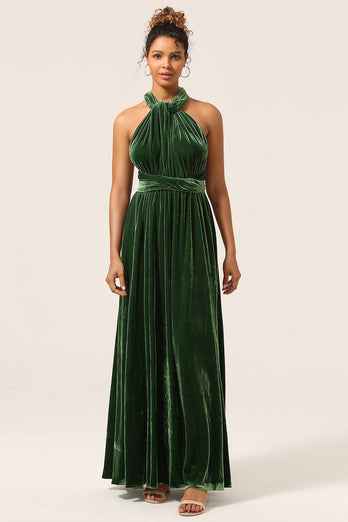 Elegante A Line V Cuello Verde oscuro Covertible Desgaste Terciopelo Vestido de dama de honor largo