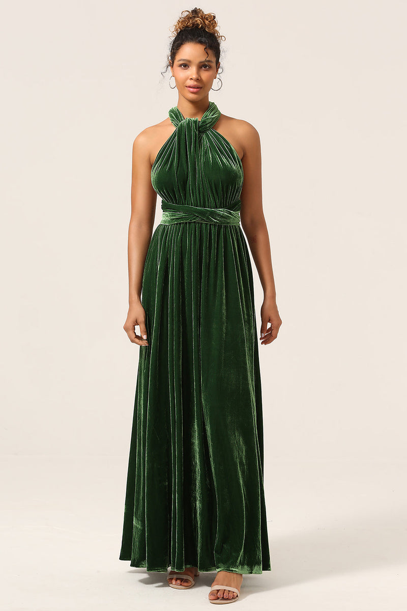 Cargar imagen en el visor de la galería, Elegante A Line V Cuello Verde oscuro Covertible Desgaste Terciopelo Vestido de dama de honor largo