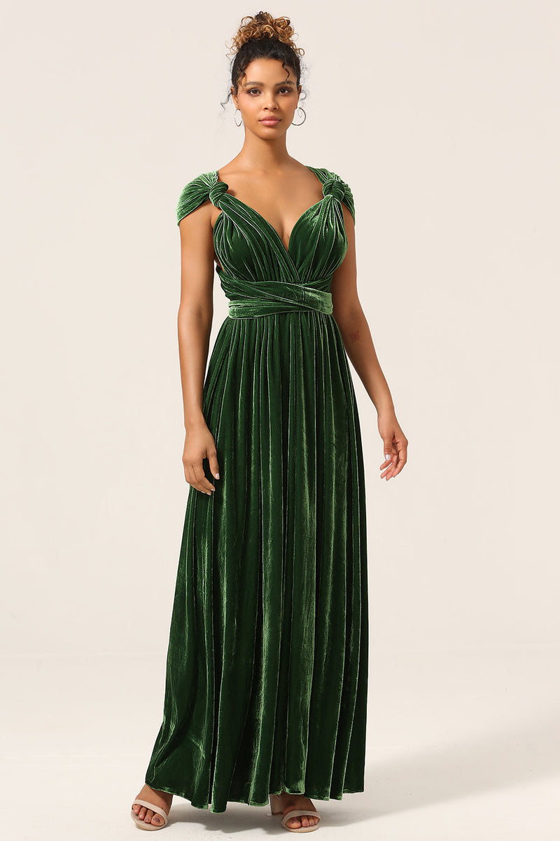 Cargar imagen en el visor de la galería, Elegante A Line V Cuello Verde oscuro Covertible Desgaste Terciopelo Vestido de dama de honor largo