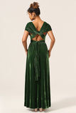 Elegante A Line V Cuello Verde oscuro Covertible Desgaste Terciopelo Vestido de dama de honor largo