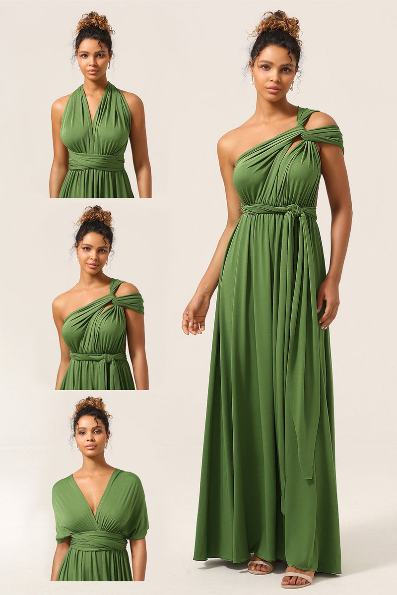Cargar imagen en el visor de la galería, Encantador A Line Olive Green Spandex Convertible Wear Vestido de dama de honor largo