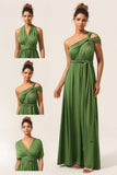 Encantador A Line Olive Green Spandex Convertible Wear Vestido de dama de honor largo