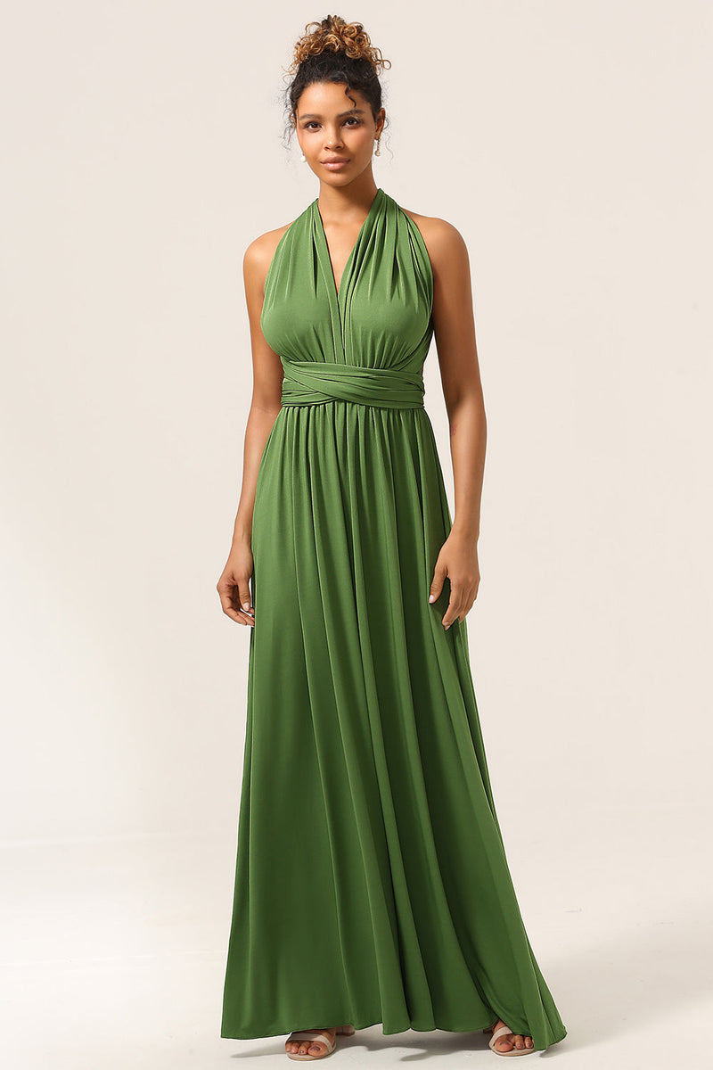 Cargar imagen en el visor de la galería, Encantador A Line Olive Green Spandex Convertible Wear Vestido de dama de honor largo