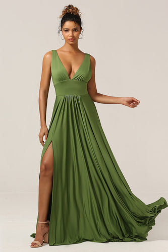 Elegante A Line Olive Deep V-neck Sleeveless Long Bridesmaid Dress