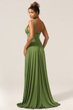 Elegante A Line Olive Deep V-neck Sleeveless Long Bridesmaid Dress