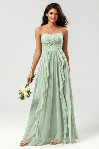 Strapless A Line Chiffon Green Bridesmaid Dress con plisado