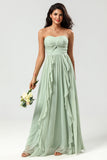 Strapless A Line Chiffon Green Bridesmaid Dress con plisado