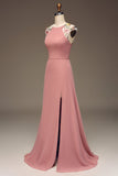 Vestido de dama de honor Maxi bordado y gasa de gasa de línea A de color rosa empolvado